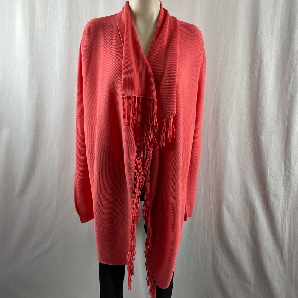 Repeat Coral Pink Open Cotton Blend Long Cardigan with Fringe Trimmed Edge M